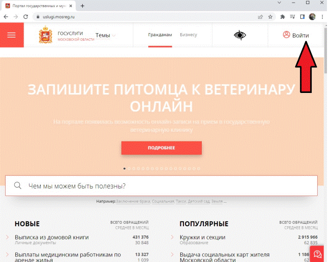 Откроется сайт "Портала государственных и муниципальных услуг" Московской области. В правом верхнем углу нажмите кнопку "Войти":